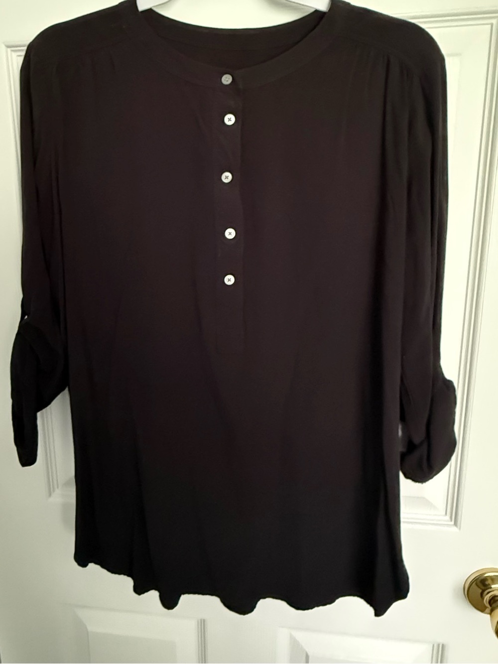 loft Black Button-Front Long Sleeve blouse with roll  tab sleeve